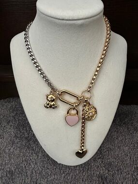 Gold and Silver Two-Tone Charm Necklace with Pink Heart